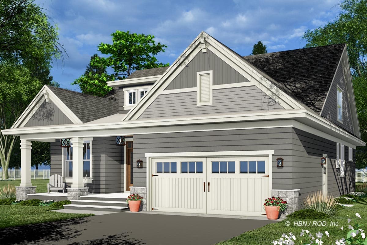 House plan exterior: Modern Farmhouse style, two stories, featuring a covered front porch, gables, dormers, and a two-car garage.