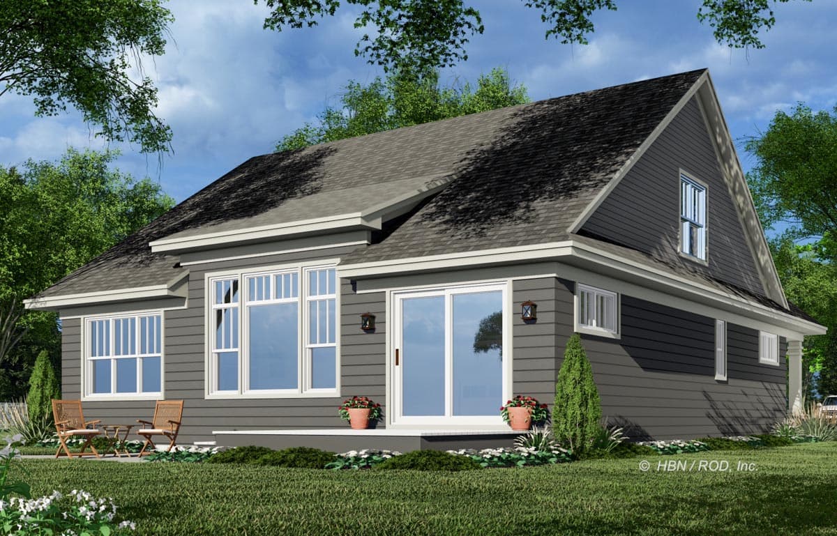House plan exterior, one story, with gabled dormer, covered porch, and large windows.