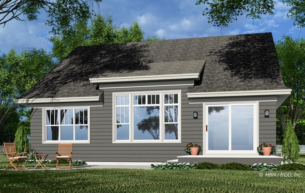 House plan exterior showing a one-story dwelling with a dark asphalt shingle roof, multiple windows, and a sliding glass door.