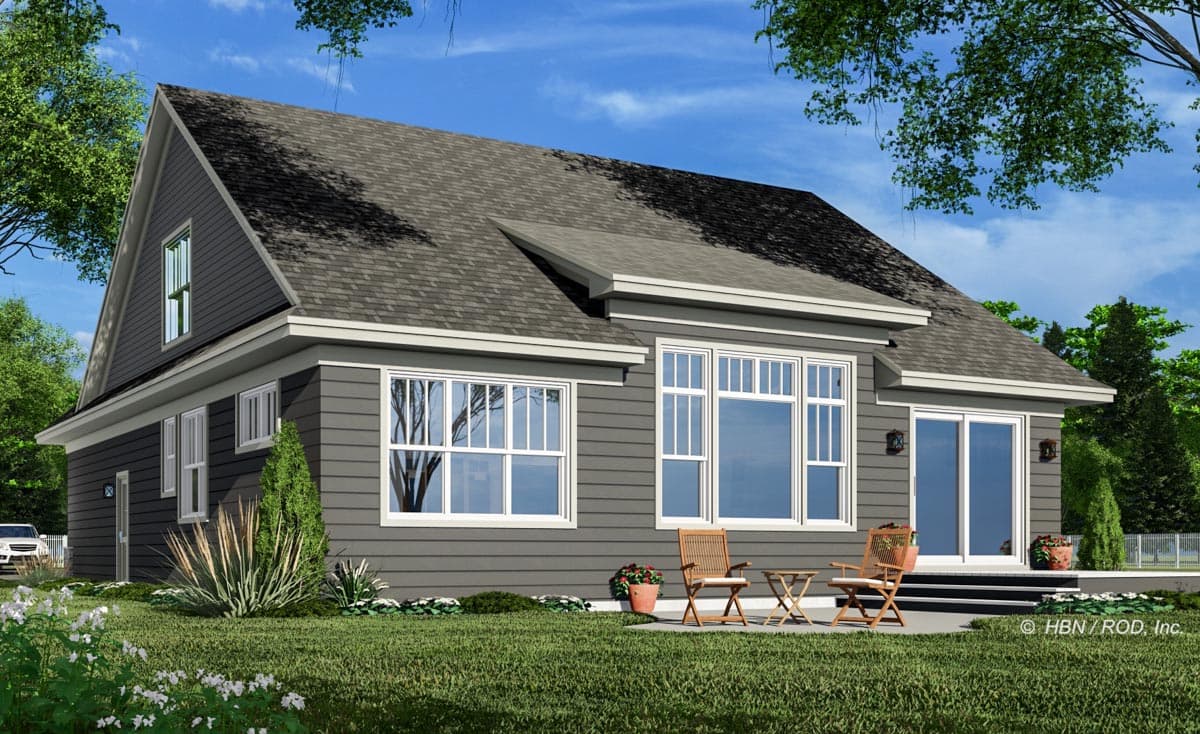 Modern house plan exterior, two stories, featuring a prominent gable, wide eaves, and large multi-pane windows.