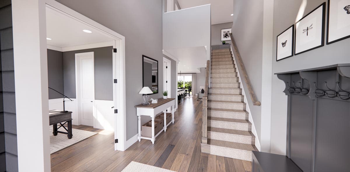 Interior rendering of a foyer with a staircase, console table, and coat rack. Open doorway leads to dining area.