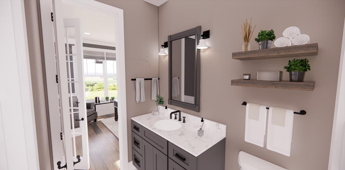 Bathroom with gray vanity, marble countertop, white sink, two sconces, and wood shelving. French doors open to a living area.