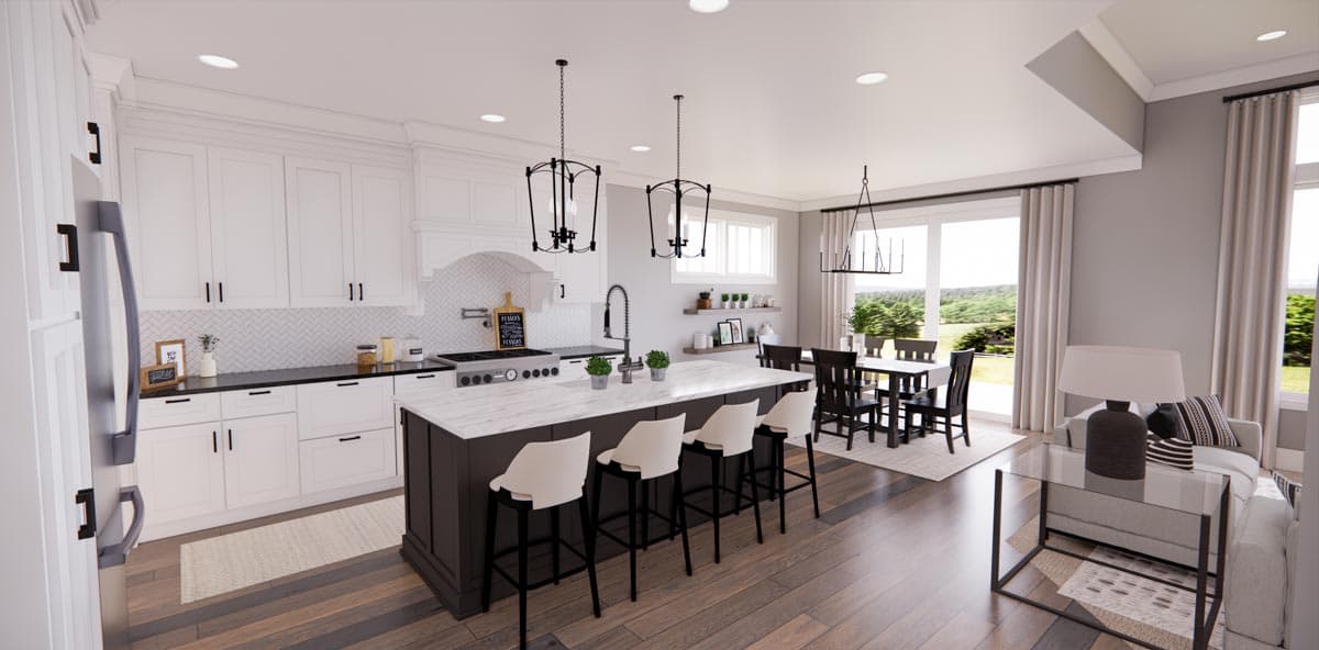 Modern kitchen and dining area with island, shaker cabinets, range hood, pendant lights, and large windows.