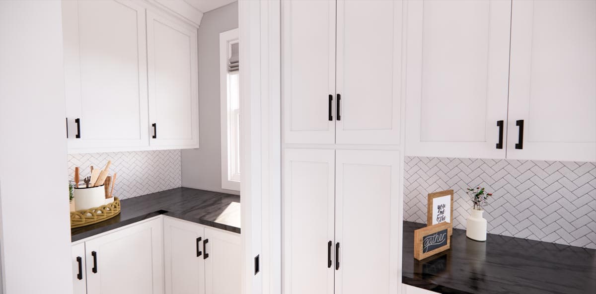 Kitchen rendering with white cabinetry, dark stone countertops, herringbone tile backsplash, and a window.