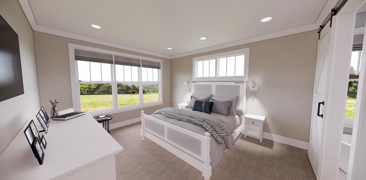 Bedroom rendering with a king-size bed, dresser, large windows, and a barn door.