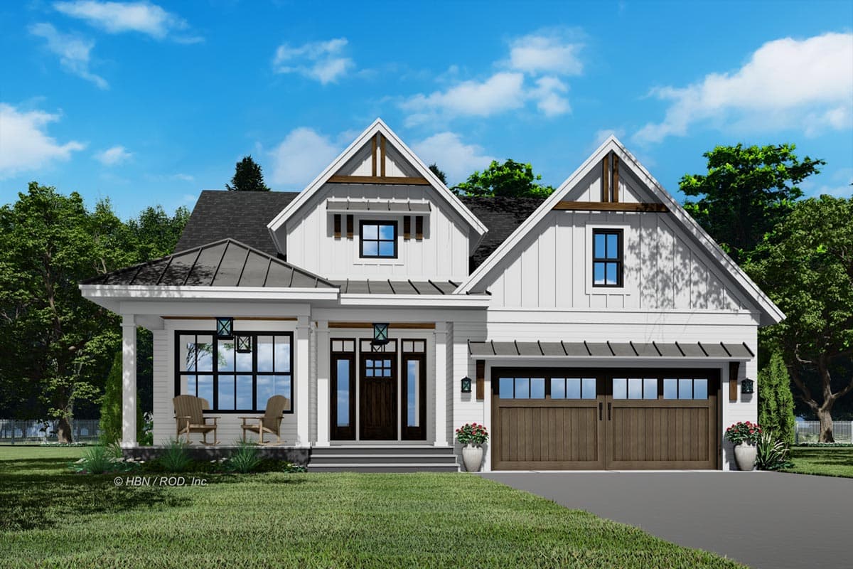 House plan exterior featuring a two-story Modern Farmhouse design with gabled rooflines, a covered porch, and a two-car garage.