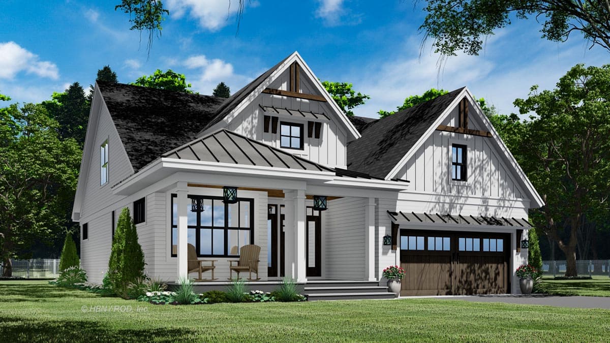 Modern Farmhouse house plan exterior with a prominent gable dormer, covered porch with metal roof, and attached garage.