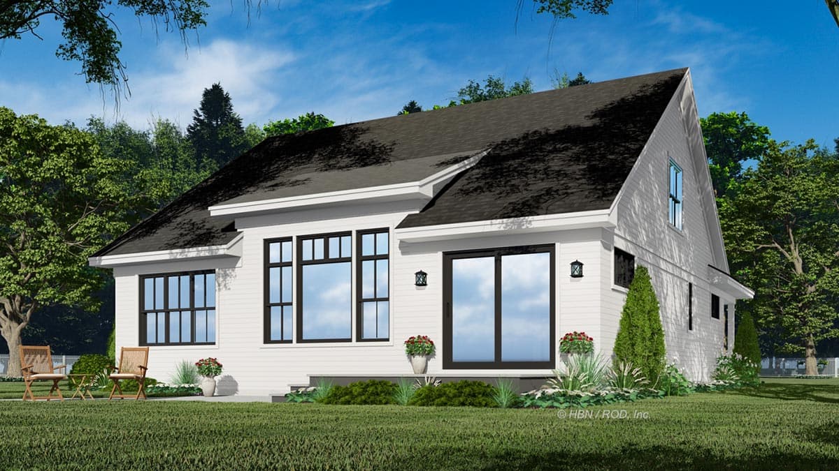 House plan exterior, one story, gabled roof, large windows, sliding glass door, and front porch.