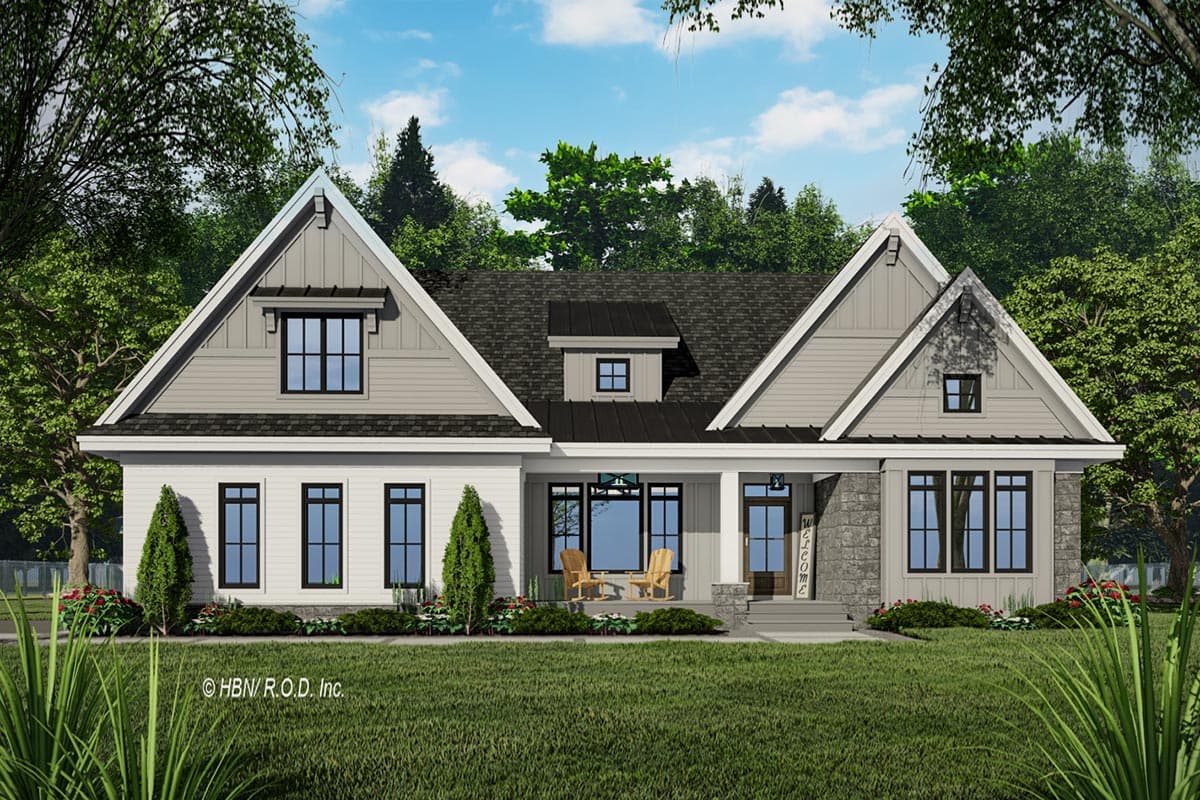 House plan exterior. Ranch style with multiple gables, front porch, and dormer. Features stone accents, and dark shingle roof.
