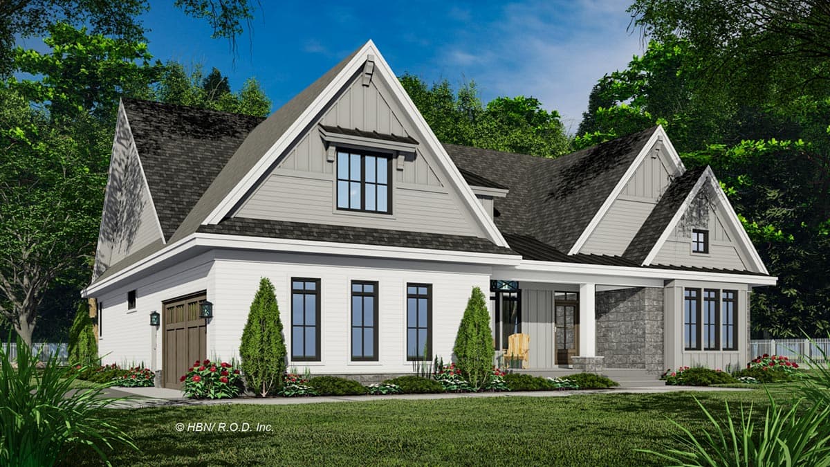 Modern Farmhouse house plan exterior with gable roof, stone accents, front porch, and side-entry garage.