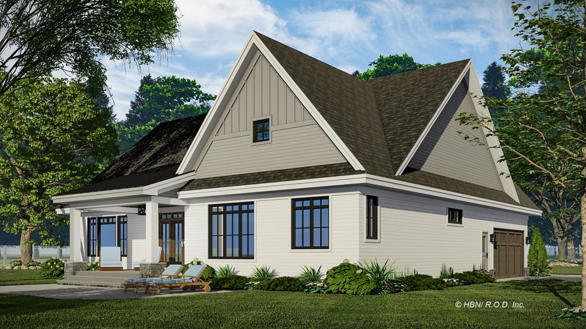 House plan exterior: Modern Farmhouse style, one-story with a prominent gable, covered front porch, and side-entry garage.