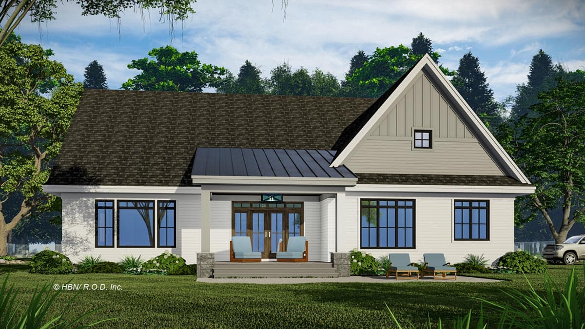 House plan exterior: One-story Modern Farmhouse with covered porch, gable end with dormer window, and metal roof.