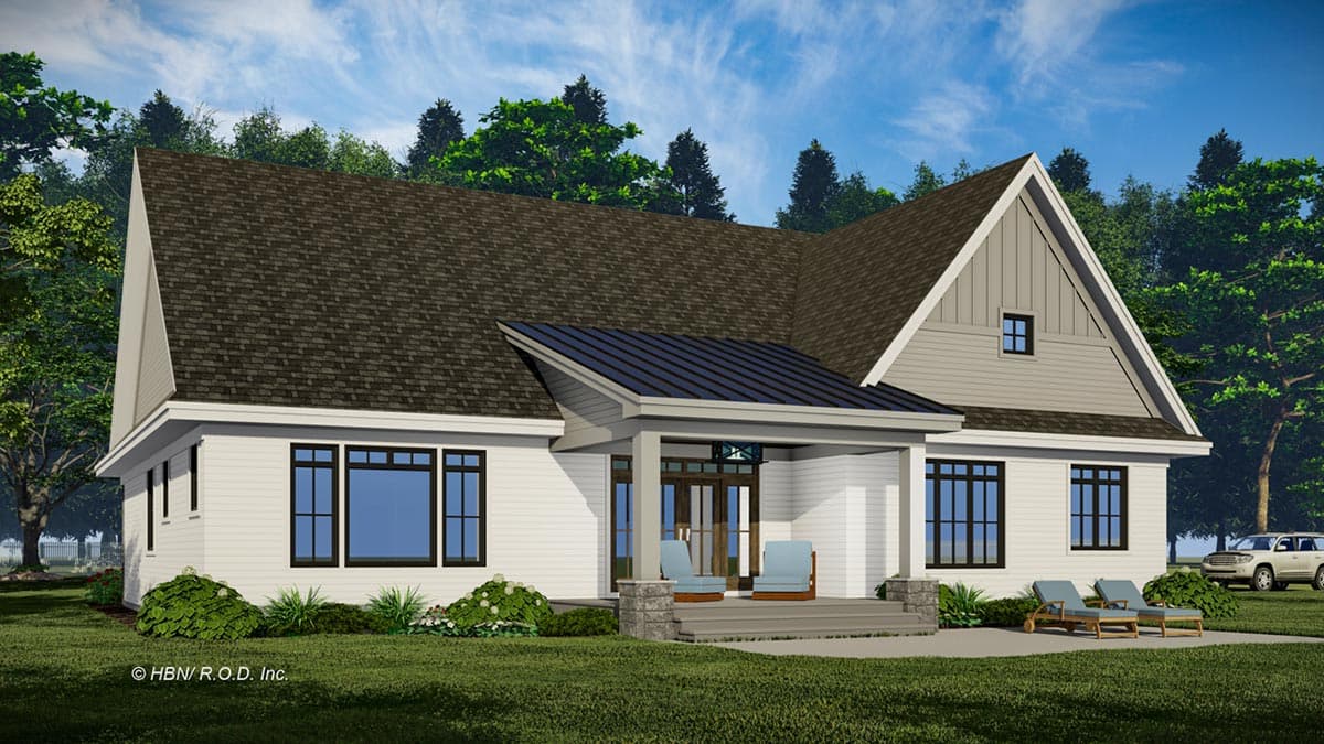 House plan exterior: One-and-a-half story Modern Farmhouse with a covered front porch, gabled dormer, and varied rooflines.