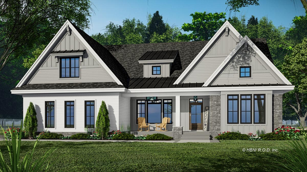 House plan exterior of a one-story home with gabled dormers, a covered porch, and stone accents.