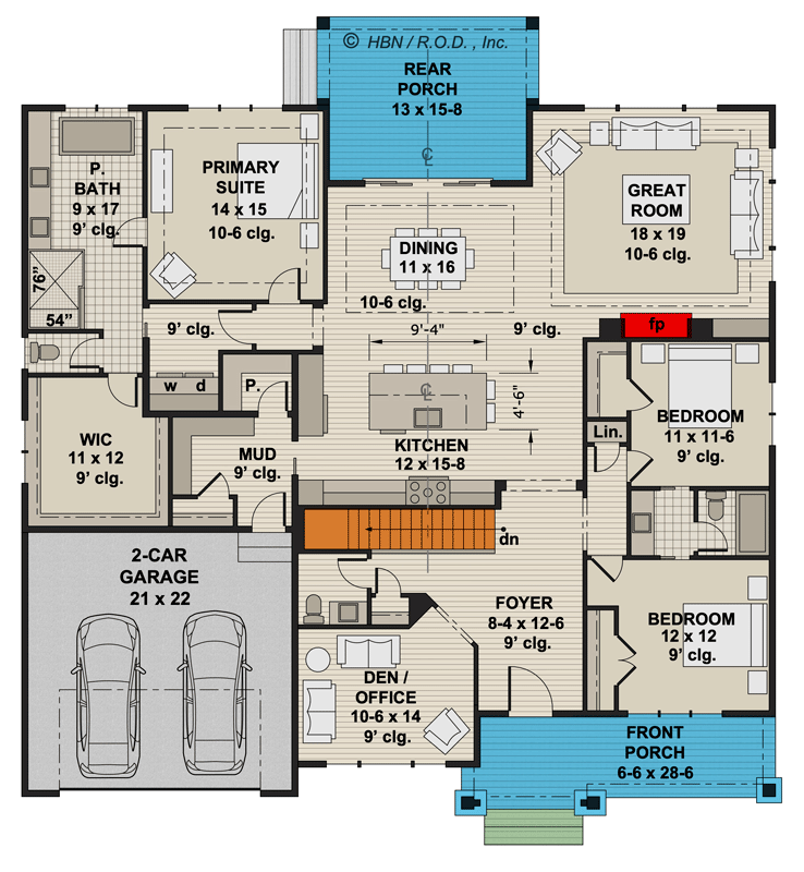 Plan 14768RK: 2570 Square Foot One-Story House Plan with Home Office and Split Bed Layout - Floor Plan - Main Level - Country, Craftsman, Modern Farmhouse, New American