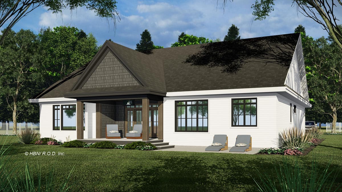 House plan exterior: One-story modern home with covered entry porch, gabled roof, and horizontal siding.