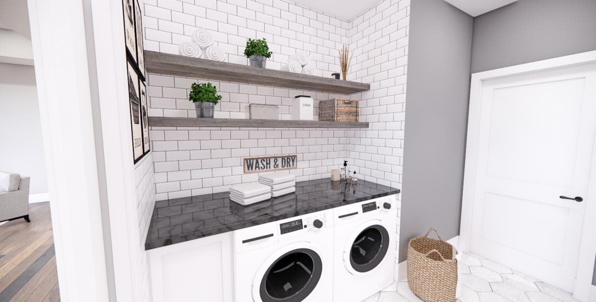 Laundry room rendering with subway tile backsplash, two stacked washing machines, shelving, and a basket.