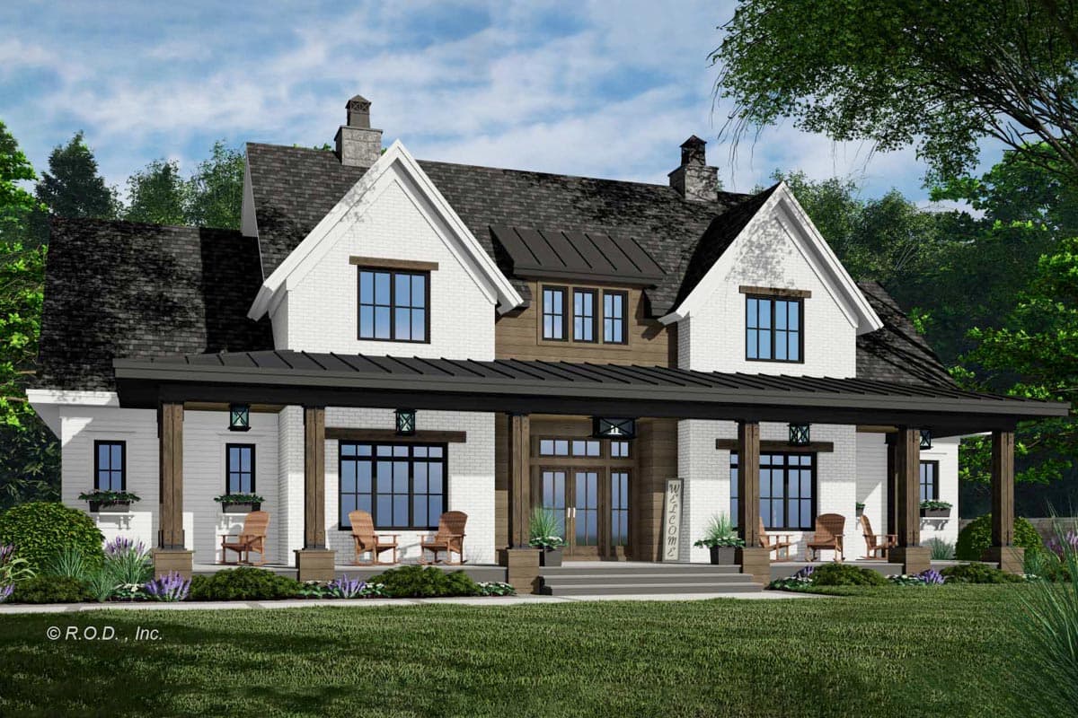 Modern Farmhouse house plan exterior with white brick, gables, a deep covered porch supported by timber posts, and a metal roof.