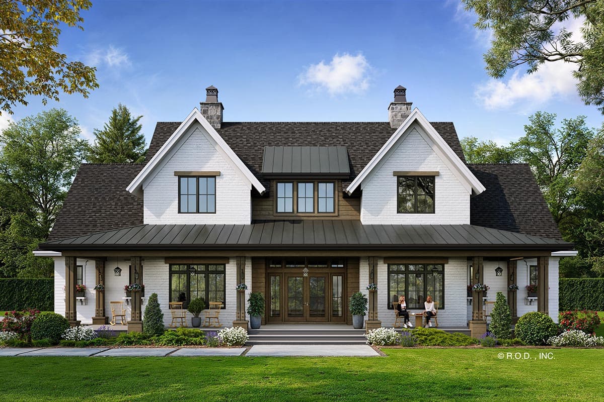 Modern Farmhouse house plan exterior with white brick, gables, stone chimneys, a covered porch, and a metal roof.