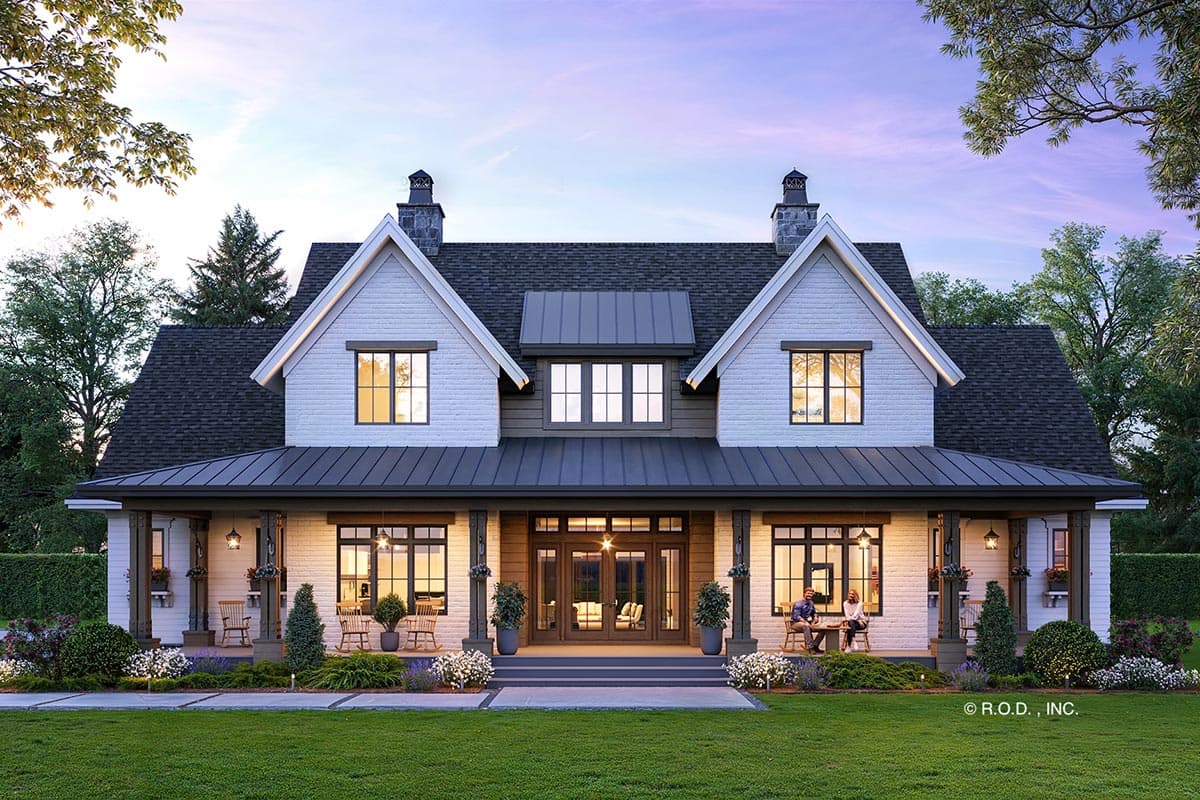 House plan exterior. Modern Farmhouse style, two stories. Features include a front porch, gabled rooflines, and a metal roof over the porch.