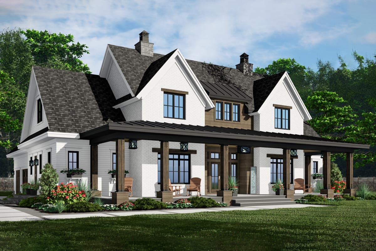 Modern farmhouse house plan exterior with white brick, a deep covered porch, gables, and dormers.