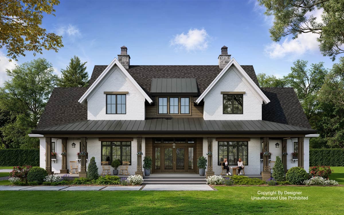 House plan exterior: Modern Farmhouse style, two stories, white brick, prominent gables, wraparound porch, metal roof.