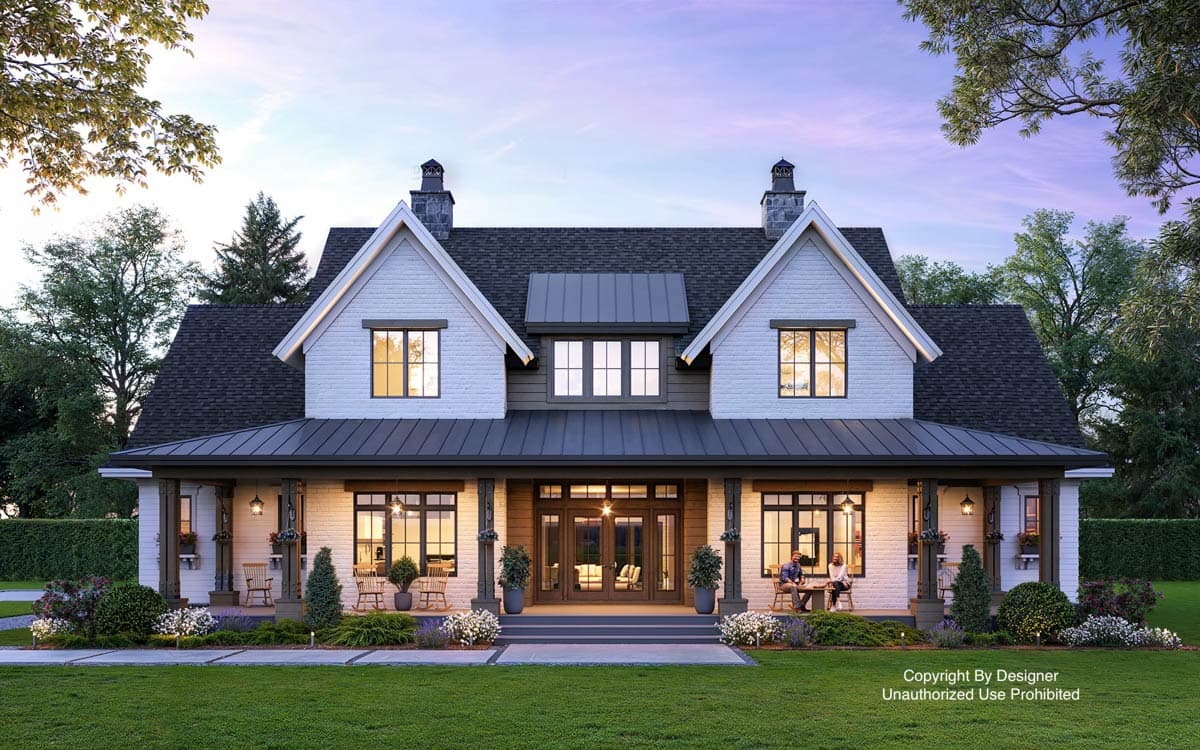 House plan exterior rendering, two-story farmhouse style with a gabled roof, dormers, and a covered front porch with columns.