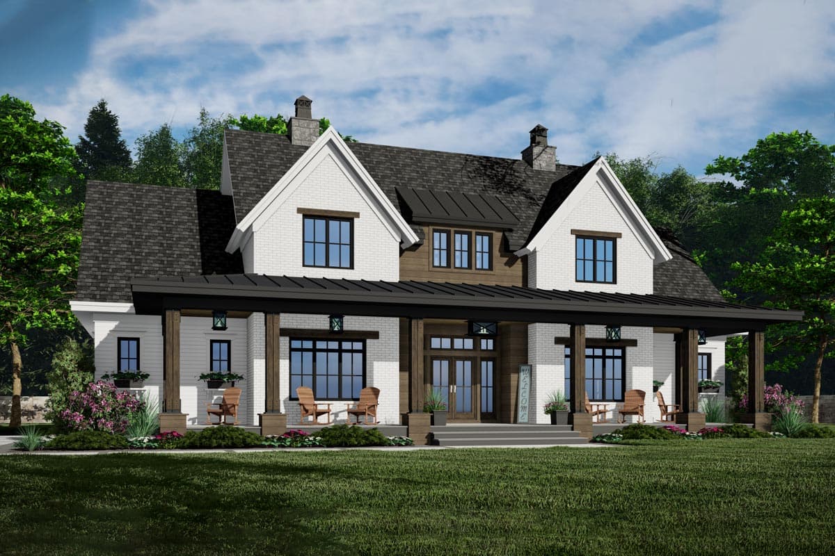 Modern Farmhouse house plan exterior with a wide covered porch, gables, dormers, white brick, and dark metal roof.