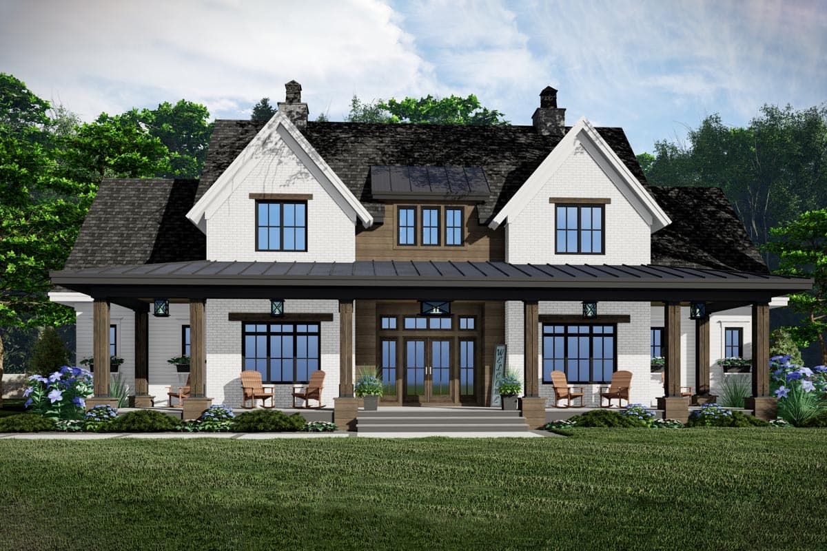 Modern Farmhouse house plan exterior with a wrap-around porch, white brick facade, gables, and black metal roof.