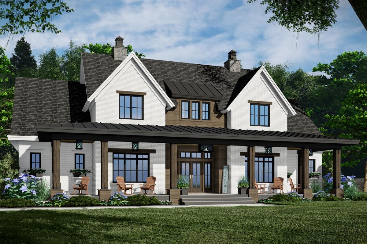 Modern Farmhouse house plan exterior with a full-width covered porch, white brick, gables, and dormers.
