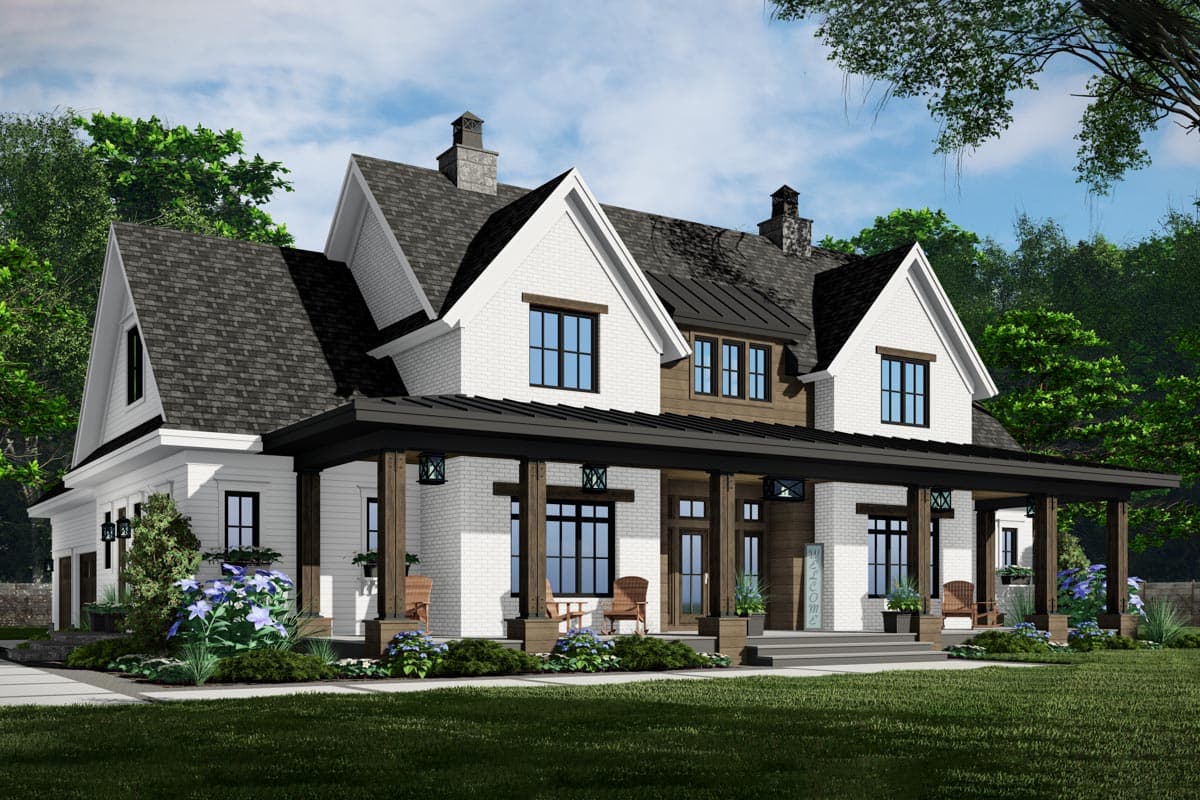 House plan exterior: Modern Farmhouse style, two stories, with a covered wrap-around porch, gables, and brick accents.
