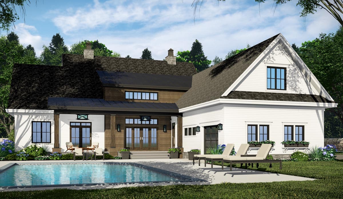 House plan exterior: Modern Farmhouse style, two stories, covered entry with double doors, gables, and pool.