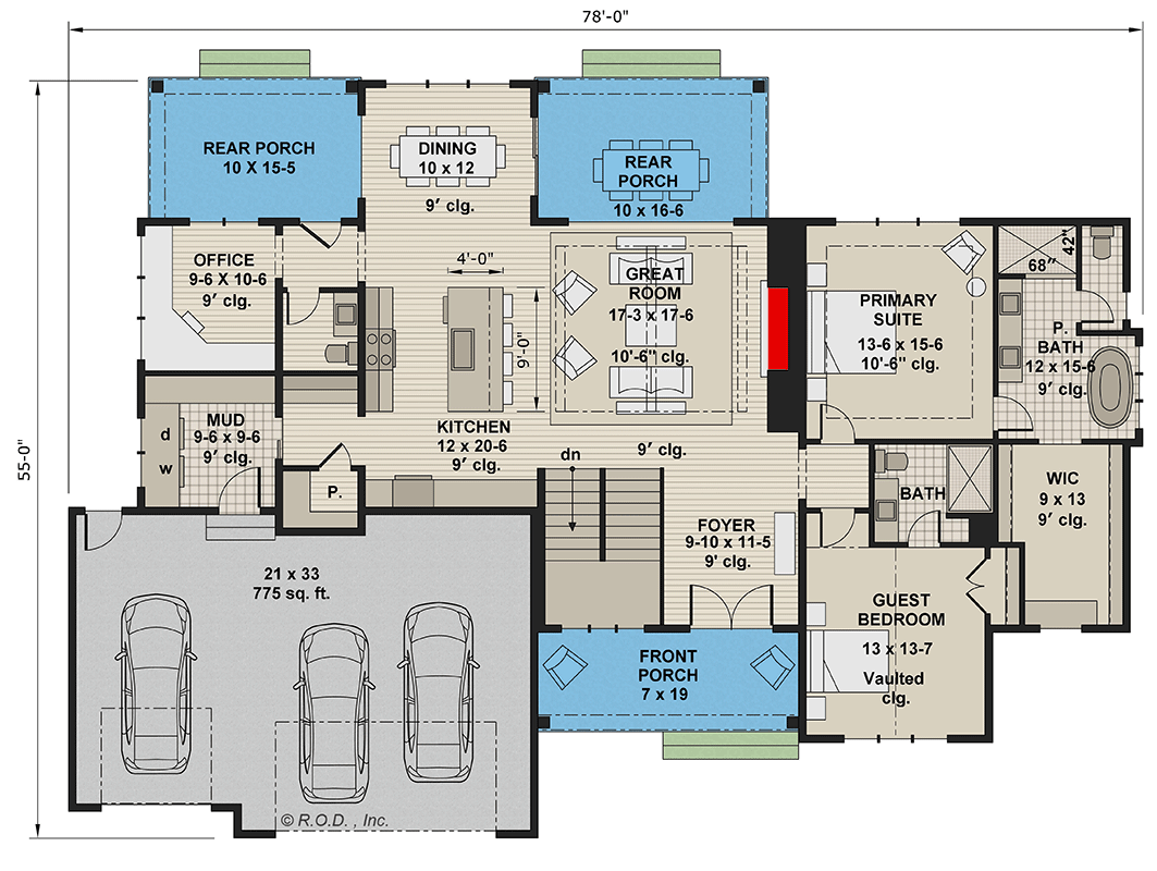 Plan 14774RK: 2176 Square Foot Contemporary Farmhouse with Two 10-Foot-Deep Rear Porches - Floor Plan - Main Level - Country, Craftsman, Modern Farmhouse, New American