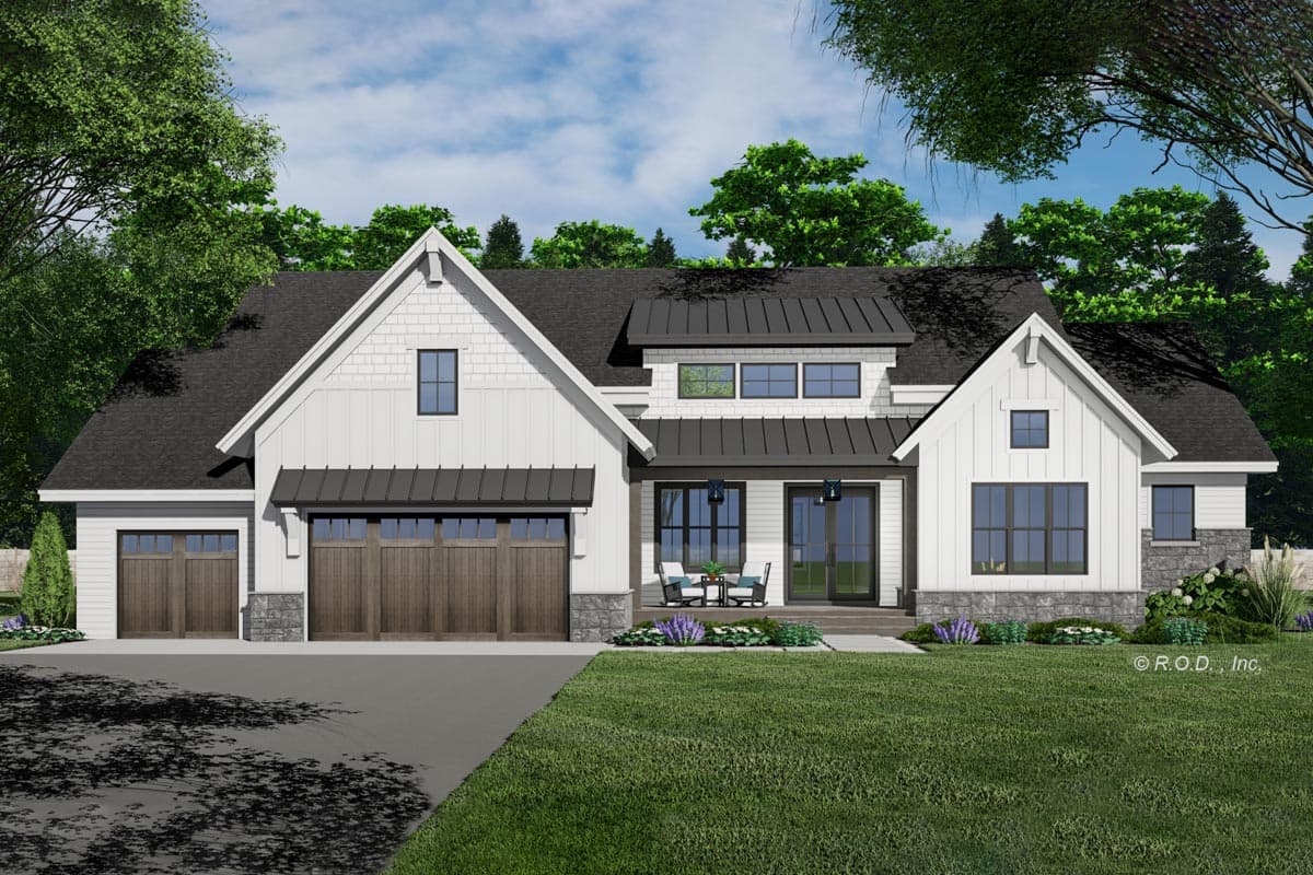 House plan exterior view, Modern Farmhouse style. Features include gables, a covered porch, and a two-car garage. Black metal roofing.