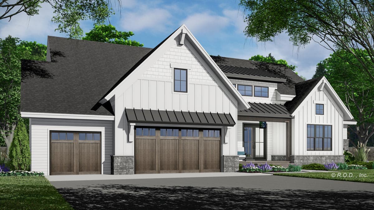 Modern Farmhouse house plan exterior with two-car garage, board and batten siding, gables, and stone accents.