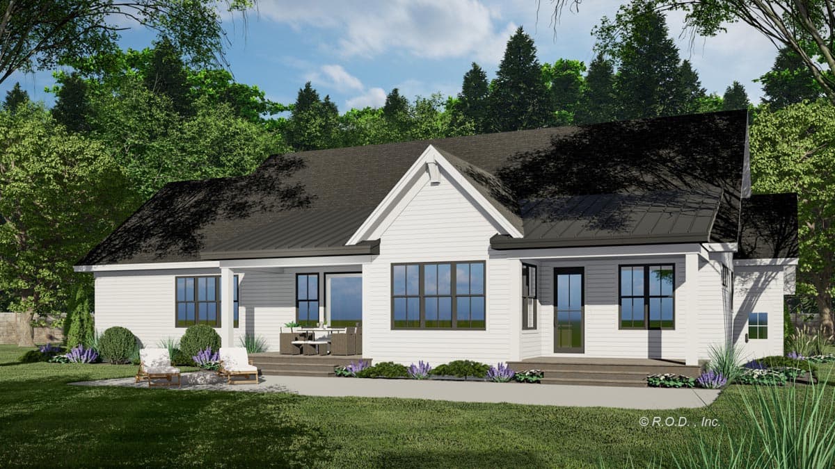 House plan exterior: One-story modern farmhouse with a prominent gable, metal roof, and wide porch. Features white siding and dark-framed windows.