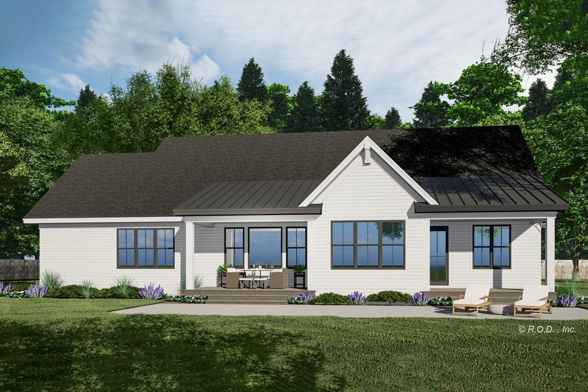 House plan exterior: Single-story Modern Farmhouse with gabled dormer, metal roof, covered porch, and patio.
