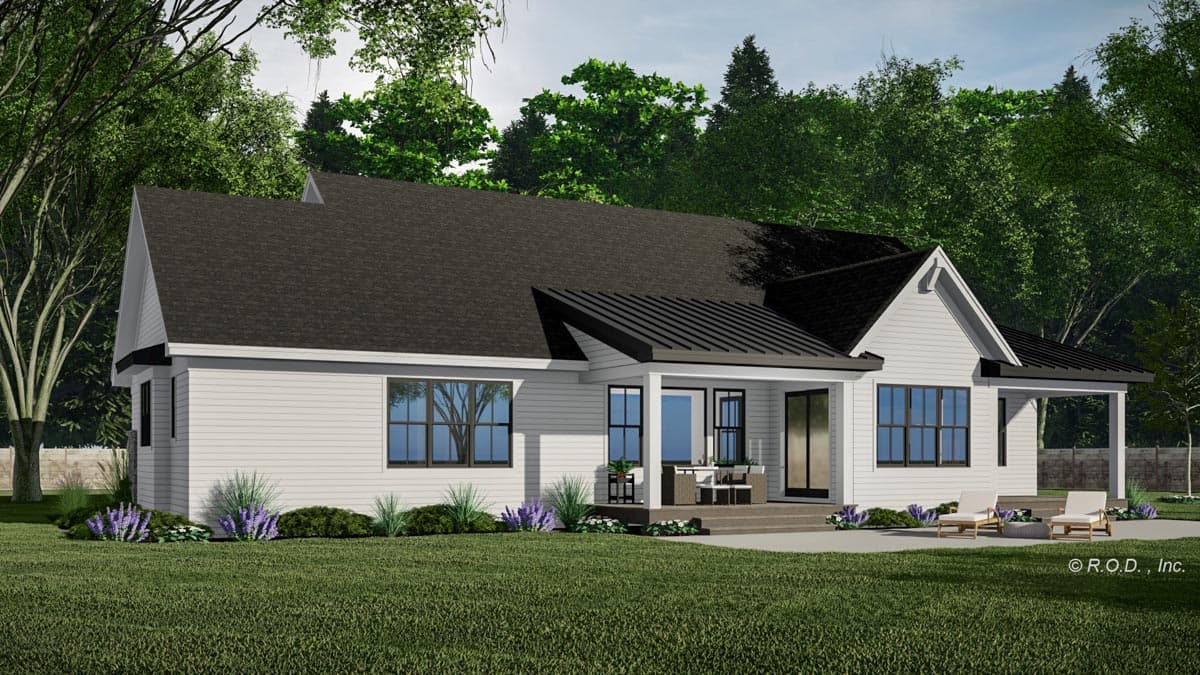 House plan exterior: Ranch style, single-story with gabled front, metal roof accents, and covered patio.