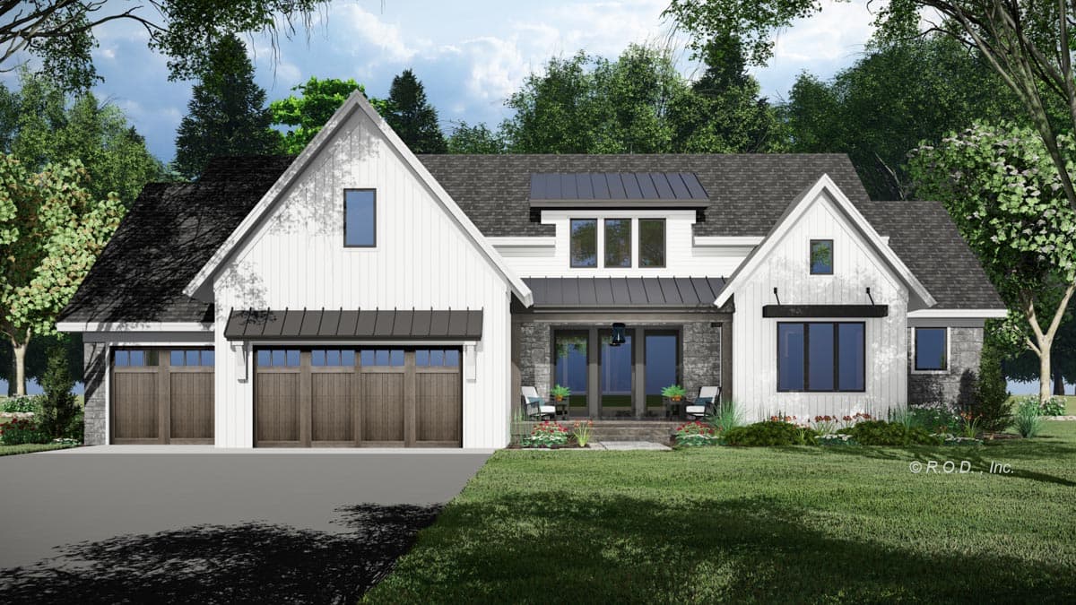 Modern Farmhouse house plan exterior with gabled dormers, stone accents, metal awnings, and a three-car garage.