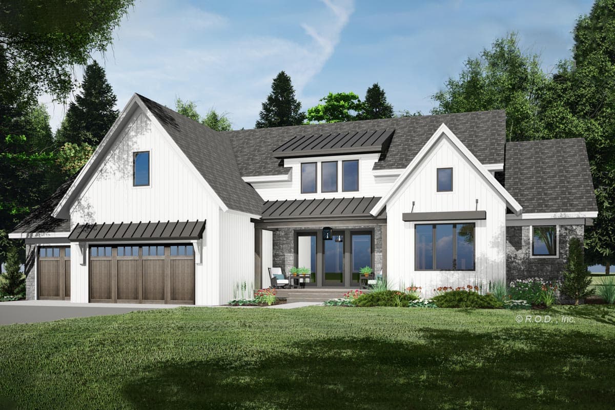 Modern Farmhouse house plan exterior with white board and batten siding, stone accents, gable rooflines, and a three-car garage.