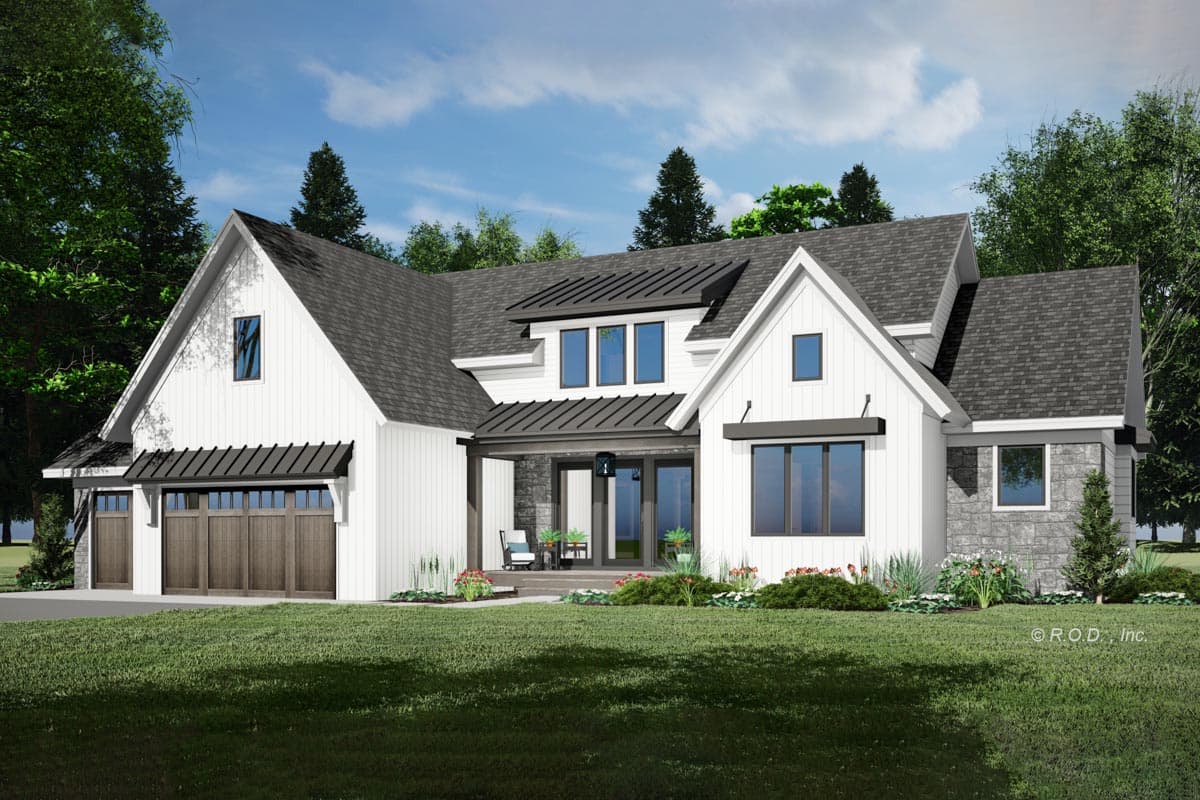 House plan exterior. Modern Farmhouse style, two-story home with a gabled roof, covered porch, and a side-entry garage.
