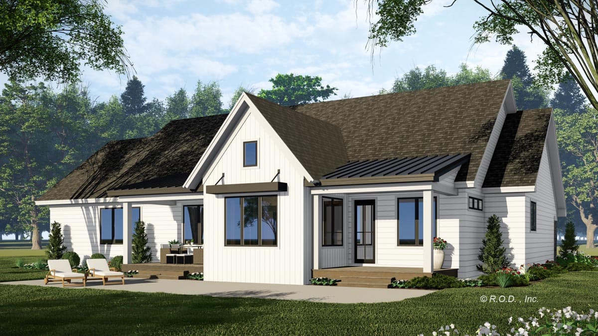 Modern Farmhouse house plan exterior with white siding, gables, multiple rooflines, and a covered entry.