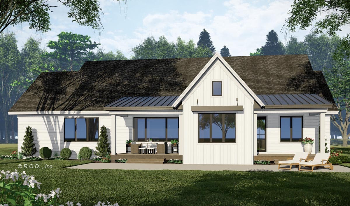 Modern Farmhouse house plan exterior with large gables, board-and-batten siding, and metal roof accents.