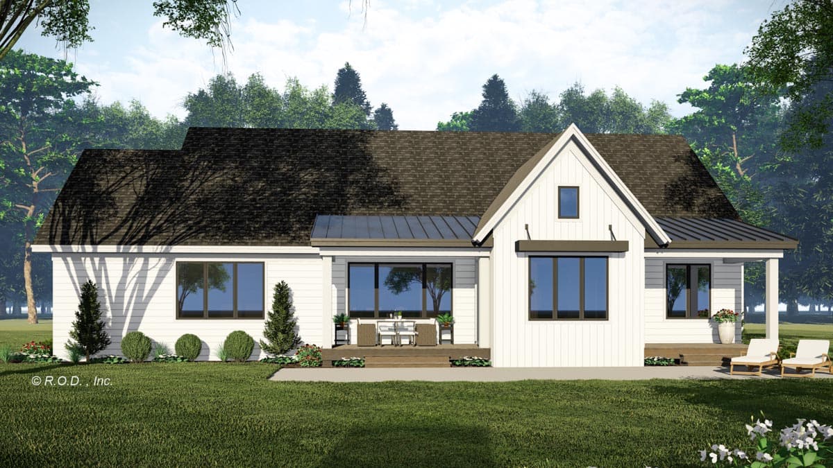 Modern Farmhouse style house plan exterior, one story, white siding, gable roof, covered porch, and metal roof accents.