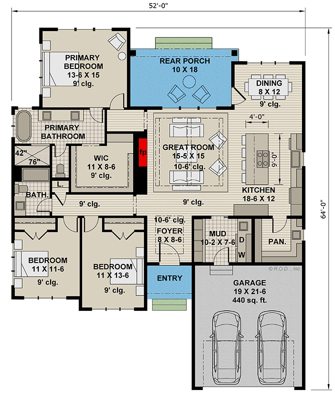 Plan 14776RK: One-Story New American Farmhouse Plan Under 2000 Square Feet with 2-Car Garage - Floor Plan - Main Level - Country, Modern Farmhouse, New American