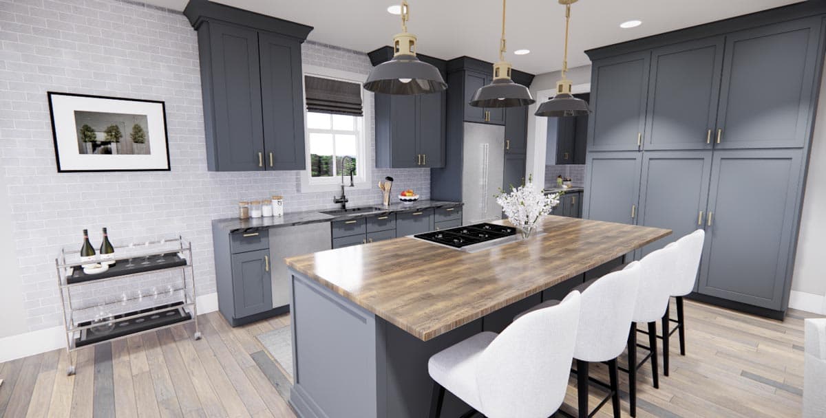Modern kitchen with dark gray cabinets, a large island with a stovetop, butcher block countertop, and seating for four.