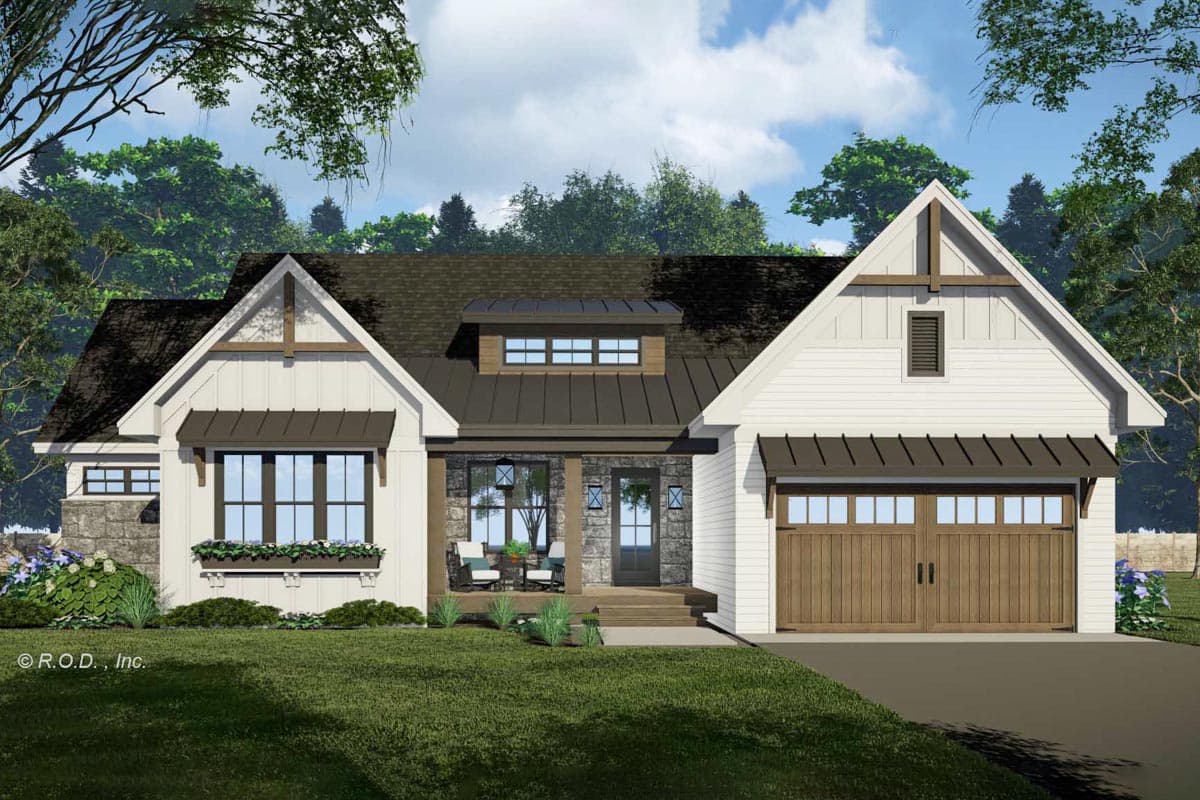 House plan exterior. Modern Farmhouse style with two gables, exposed rafter tails, stone facade, and a covered front porch with seating.