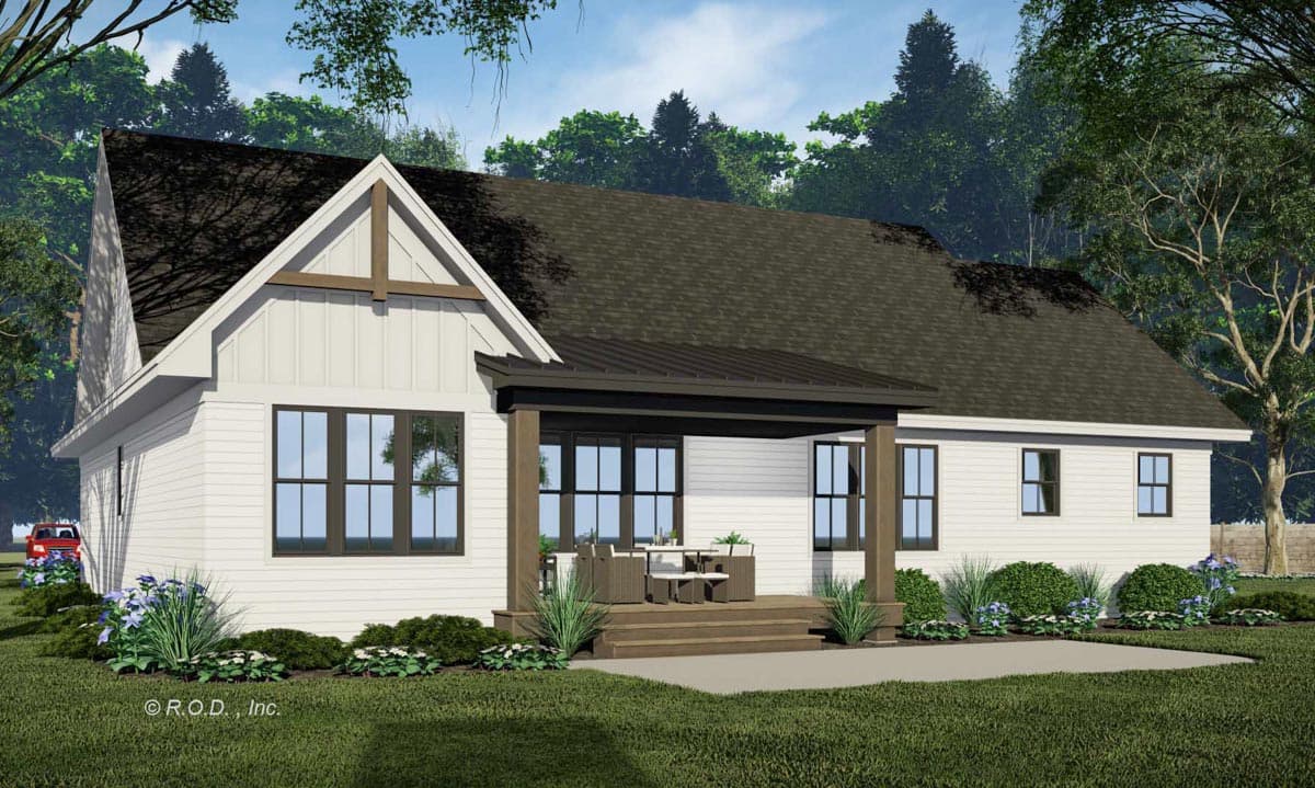 Modern Farmhouse style house plan exterior with a prominent gable, board and batten siding, and a covered porch.