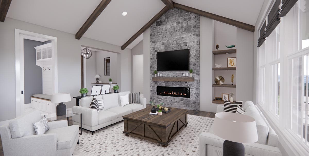 Living room rendering with vaulted ceilings, exposed beams, stone fireplace, and large windows.