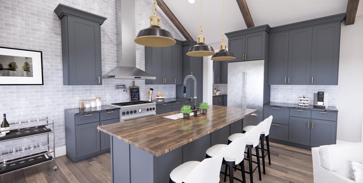 Kitchen rendering with gray cabinets, a large island with pendant lights, and vaulted ceilings with exposed beams.